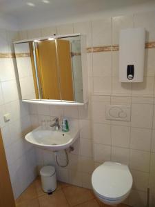 a bathroom with a sink and a toilet and a mirror at Ferienwohnungen Op der Kees in Irsch