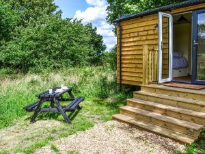 a picnic table next to a wooden cabin at Chestnut - Ukc4848 in Cantley