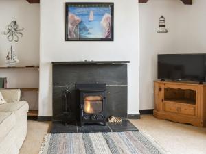 a living room with a fireplace and a tv at Trevivian House in Boscastle