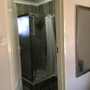 a shower with a glass door in a bathroom at Sekaka Fully Furnished Apartments in Gaborone