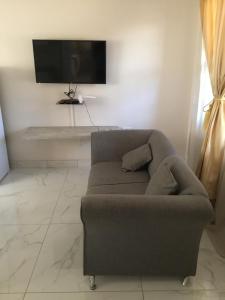 uma sala de estar com um sofá e uma televisão de ecrã plano em Sekaka Fully Furnished Apartments em Gaborone