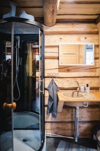 a bathroom with a shower and a sink at Paluküla Saunas and Glamping in Paluküla