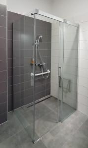 a shower with a glass door in a bathroom at New Pension at ROTOR Brewery in Kunovice