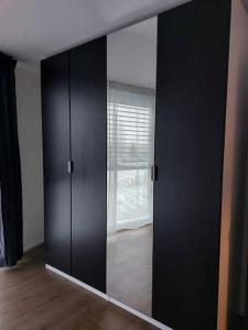 - un grand placard noir avec une porte en verre dans l'établissement Appartement 2p1/2 pour couple ou famille, à Romont