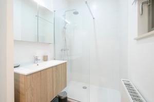 y baño con lavabo y ducha. en Appartement design 3 chambres proximité Grand-Place Bruxelles, en Bruselas