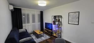 salon z niebieską kanapą i telewizorem w obiekcie Siódme Niebo we Wrocławiu