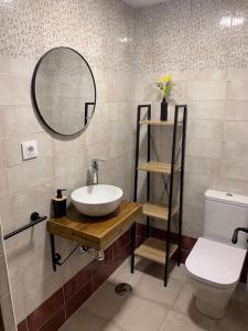 a bathroom with a sink and a mirror and a toilet at Santa Lucía in Jerez de la Frontera