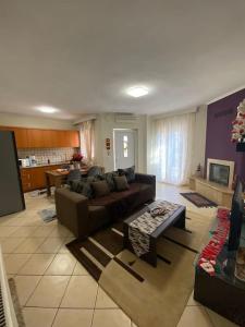 Bakopoulos resort.Ενα όμορφο διαμέρισμα με τζάκι في تريكالا: غرفة معيشة بها أريكة وطاولة +15 صورة