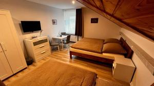Schlafzimmer mit einem Bett und einem Schreibtisch mit einem TV in der Unterkunft Casa Milix - Bed & Breakfast in Winterberg