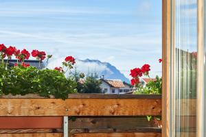 a window with red flowers and a view of a mountain at Landhauswohnung Dosbach in Reit im Winkl