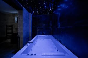 Rei House Apartmani في بلغراد: حوض استحمام في غرفة زرقاء مع حوض استحمام