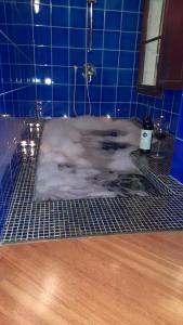 bagno piastrellato blu con doccia innevata di Scuderie Il Magnifico a Firenze