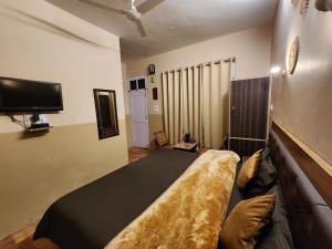 a bedroom with a bed and a flat screen tv at Woodzo Kasol in Jari