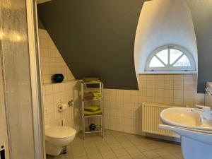 bagno con lavandino, servizi igienici e finestra di Ferien direkt am Wasser mit Hund a Krakow am See