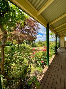 a porch with a view of a garden with pink flowers at Red Hill Cottage Walcha in Walcha