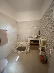 La salle de bains est pourvue de toilettes et d'un lavabo. dans l'établissement Villa Idaka, à Rufisque
