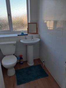 a bathroom with a toilet and a sink and a window at Carters Guesthouse in Milton Keynes