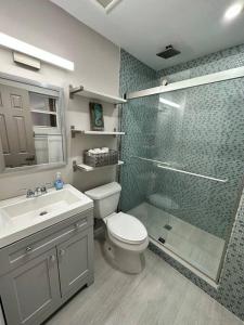 a bathroom with a shower and a toilet and a sink at The Mini Coconut in Marathon