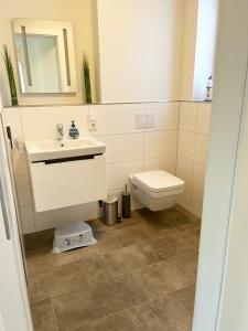 a bathroom with a sink and a toilet and a mirror at Haus Leni in Butjadingen