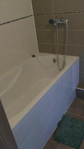 La salle de bains est pourvue d'une baignoire blanche et d'une douche. dans l'établissement APARTMENT IN BALTI LIB HOUSE, à Bălţi