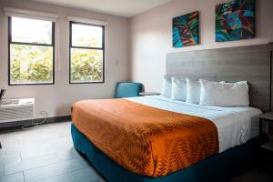 a hotel room with a large bed and two windows at Parador El Faro in Aguadilla