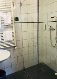Hotel Weingut Dehren في إيلينز-بولتيرسدورف: حمام مع دش ومغسلة