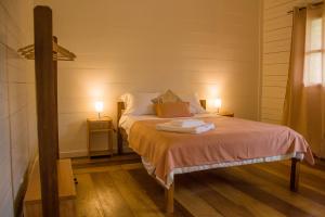 a bedroom with a bed with two lamps on it at Welfare AgroTurismo in Milagrosa