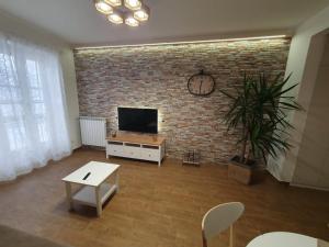 uma sala de estar com uma televisão e uma parede de tijolos em Casa eNNe, Appartamento Vicino Centro e Juventus Stadium em Turim