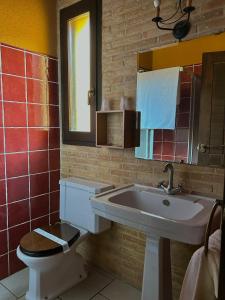 La salle de bains est pourvue d'un lavabo, de toilettes et d'un miroir. dans l'établissement Hostal meson del rey, à Olocau del Rey