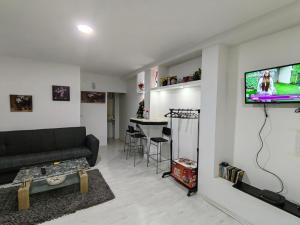 Mali Mokri Lug的住宿－DIVLJI RAJ Studio apartman 35m2，客厅配有沙发和墙上的电视