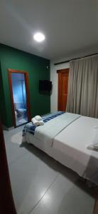 a bed in a room with a green wall and a mirror at Pousada Hymbe in Trindade
