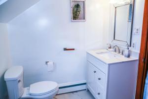a bathroom with a toilet and a sink and a mirror at Sunset house near Sunday River Black Montain in Rumford