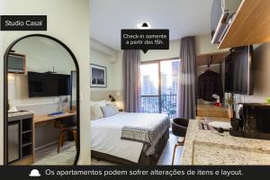 two pictures of a hotel room with a bed and a desk at Charlie Brooklyn Studios in Sao Paulo