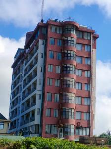 a red building with a crane on top of it at THE HOTEL EZRI in Meru