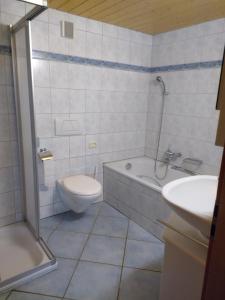 a bathroom with a toilet and a tub and a sink at Friedlis Buurehof in Affoltern