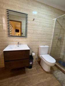 uma casa de banho com um WC, um lavatório e um chuveiro em Hotel Restaurante Aconcagua em La Ligua