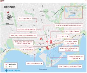 a map of the city of toronto and its attractions at SkySide Downtown Condo - Free Parking in Toronto +1 photo
