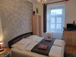 a bedroom with a bed with two pillows on it at Aranyvár Apartment in Eger +50 photos