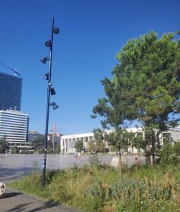 un poste con pájaros junto a un árbol en Remarkable Apartment, en Tirana