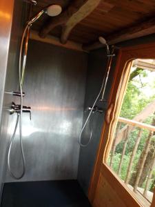 łazienka z prysznicem i oknem w obiekcie Cabane perchée Les Cabanes de Fallot - sauna bain-froid piscine naturelle w mieście LʼIsle-Bouzon