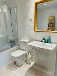 bagno con servizi igienici, lavandino e specchio di Apartment- Roques Daurades Residential a L'Ametlla de Mar