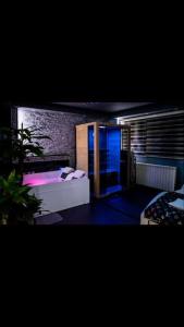 Pokój z łóżkiem i niebieskim światłem w obiekcie Spa Apartment w Belgradzie