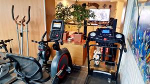 a room with a gym with a treadmill and a bike at Apartament Park Śląski in Katowice