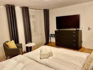 Schlafzimmer mit einem Bett und einem Flachbild-TV in der Unterkunft VOH Studio MITTEN in Vohenstrauß, Smart-TV, Parkplatz in Vohenstrauß