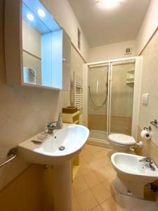 a bathroom with a sink and a toilet and a shower at Appartamento Bucaniere in San Vincenzo