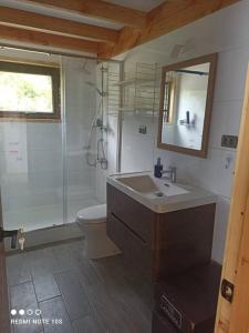 a bathroom with a sink and a toilet and a mirror at Casa Nalca in Tentén