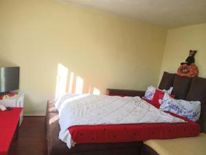 a bedroom with a large bed with a red headboard at RUSTIC SEJOUR CASA MOUNTAIN,Roşia Montana in Roşia Montană