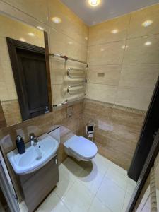 a bathroom with a sink and a toilet and a mirror at Dviejų kambarių butas in Tauragė