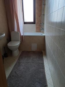 a bathroom with a toilet and a tub and a window at Winslow Highland Bansko - Apartment Giovanni, ул Валевица 7 кв Грамадето in Bansko