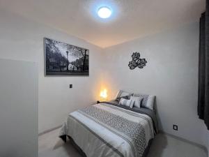 1 dormitorio con 1 cama y una foto en la pared en Departamento, en Ciudad de México